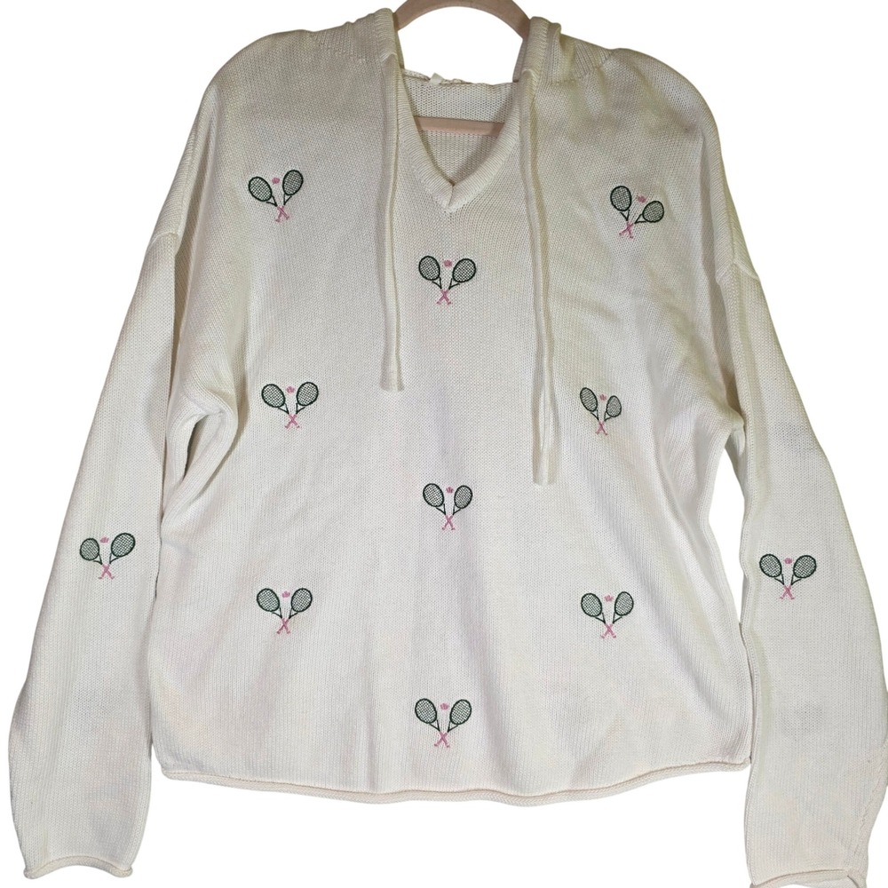 NWT Brit.NY Womens L White Cotton‎ Sweater Tennis Prep Embroidered Hoodie